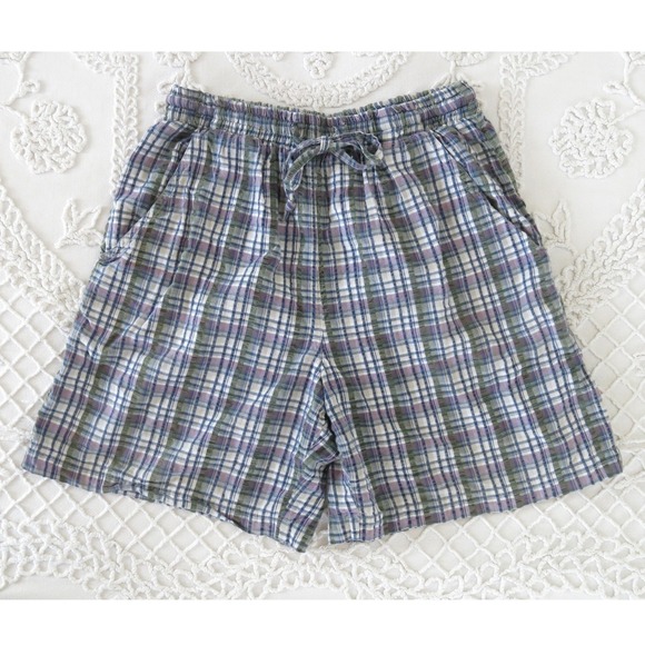 Erika & Co. Pants - Vintage 90s Ericka & Co Madras Plaid Cotton Baggy Long Shorts Drawstring Small